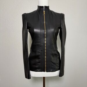 Gucci Black Glove Leather Zip Jacket Gold Hardware IT 38 (US 2)